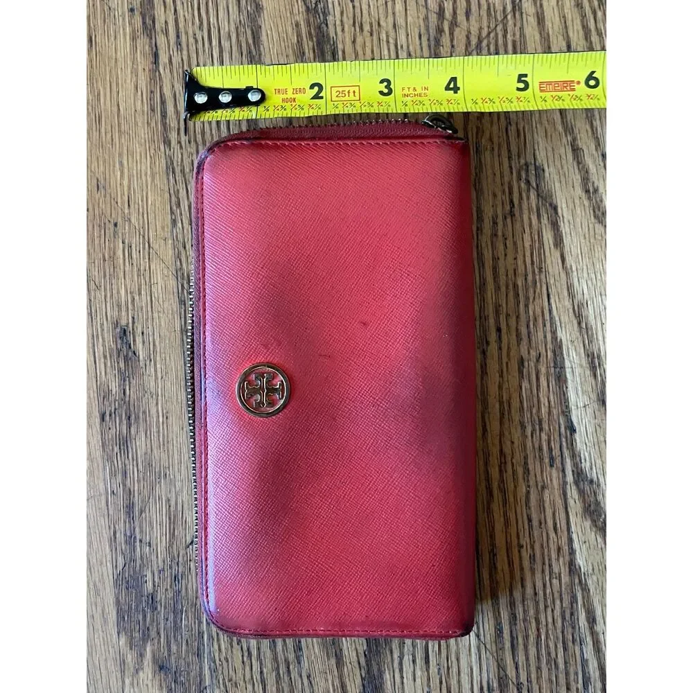 TORY BURCH Orange Leather Zip Up Purse Wallet